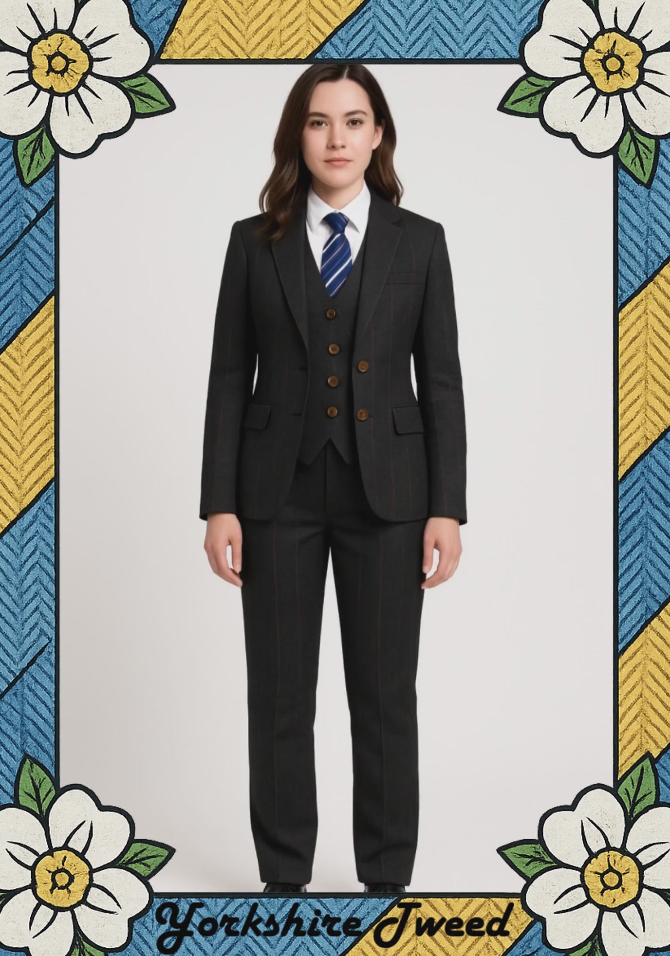 Women’s Black Herringbone Tweed Three-Piece Suit – Made to Measure