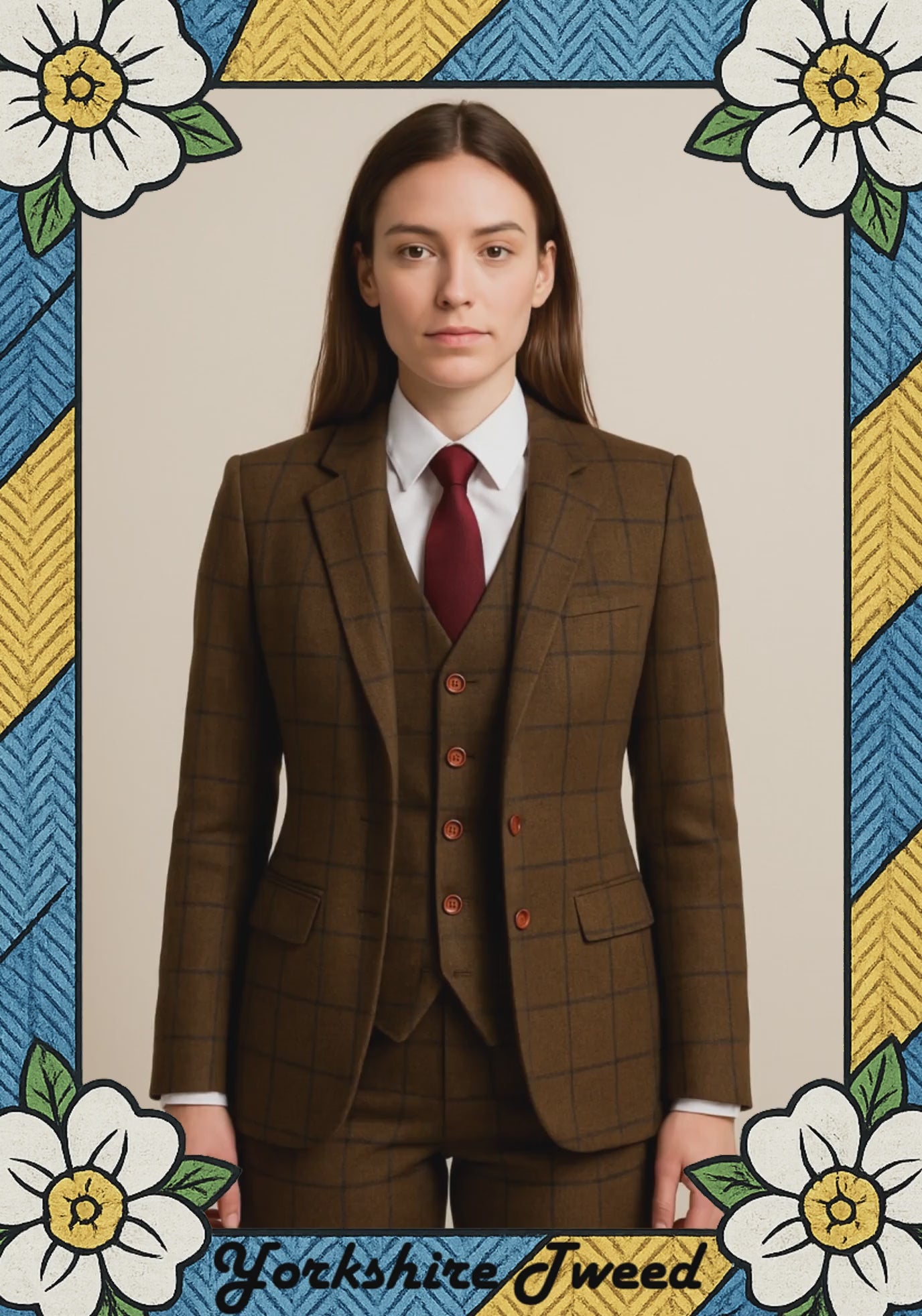 Women’s Brown Tweed Three-Piece Suit with Navy Overcheck – Made to Measure
