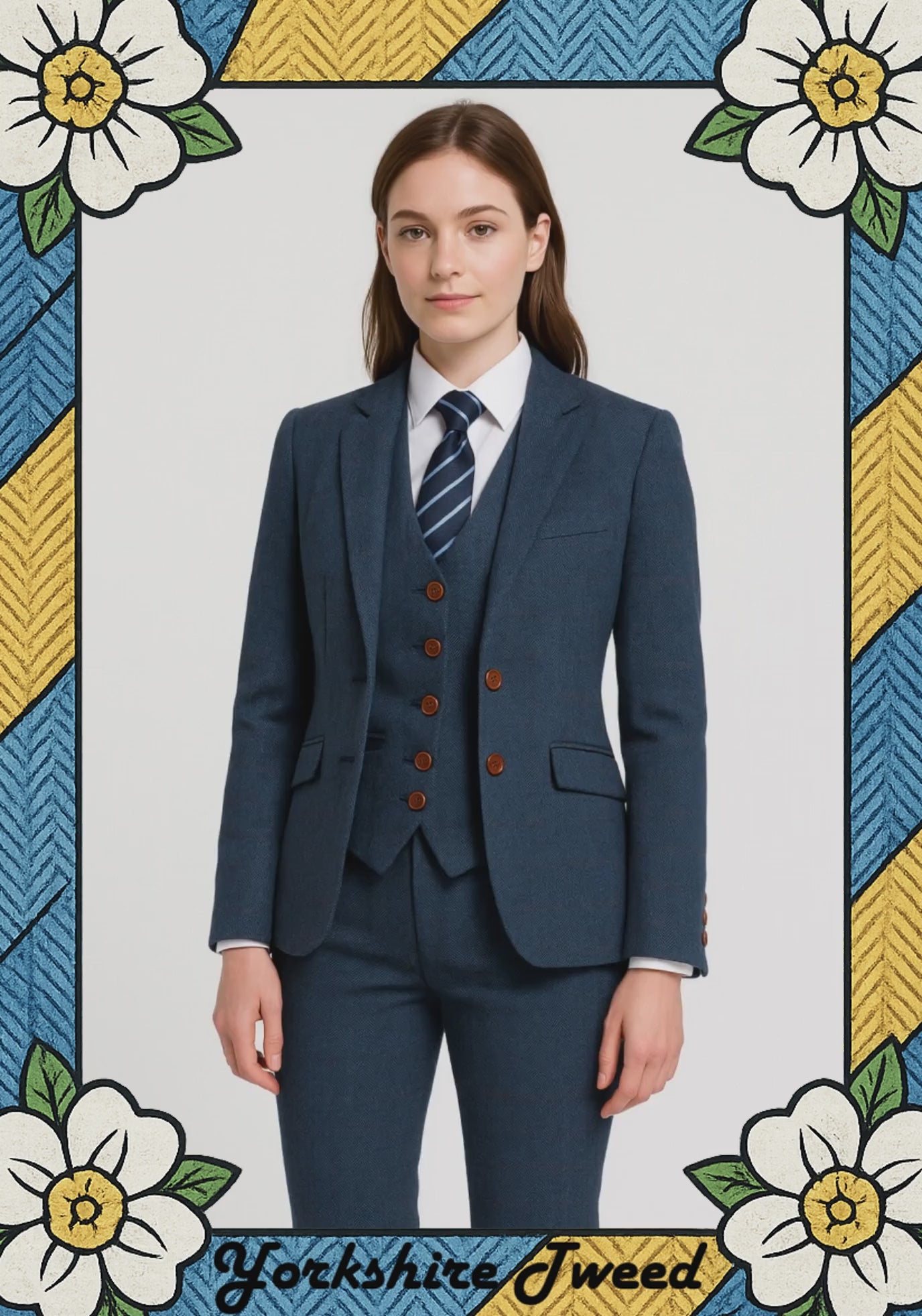 Women’s Blue Herringbone Tweed Three-Piece Suit – Made to Measure