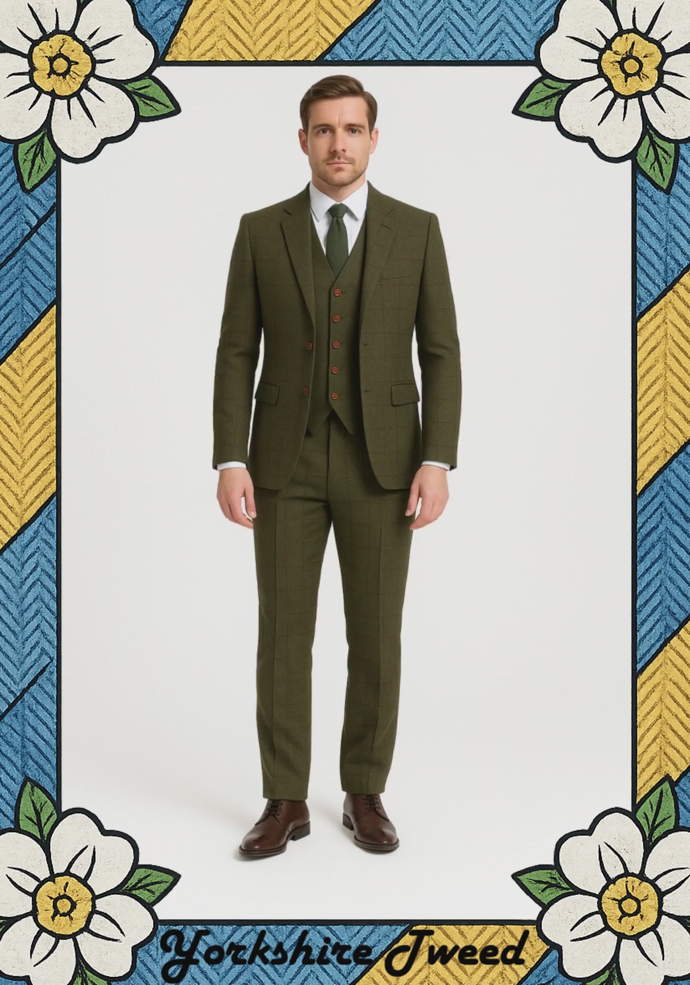 mens olive green tweed suit with red check