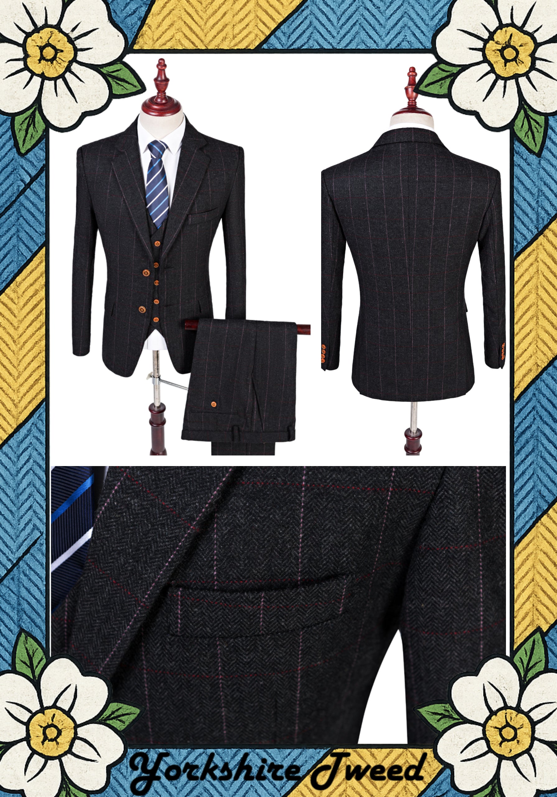 Women’s Black Herringbone Tweed Three-Piece Suit – Made to Measure