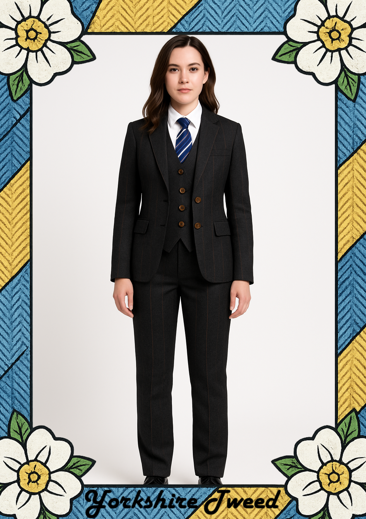 Women’s Black Herringbone Tweed Three-Piece Suit – Made to Measure