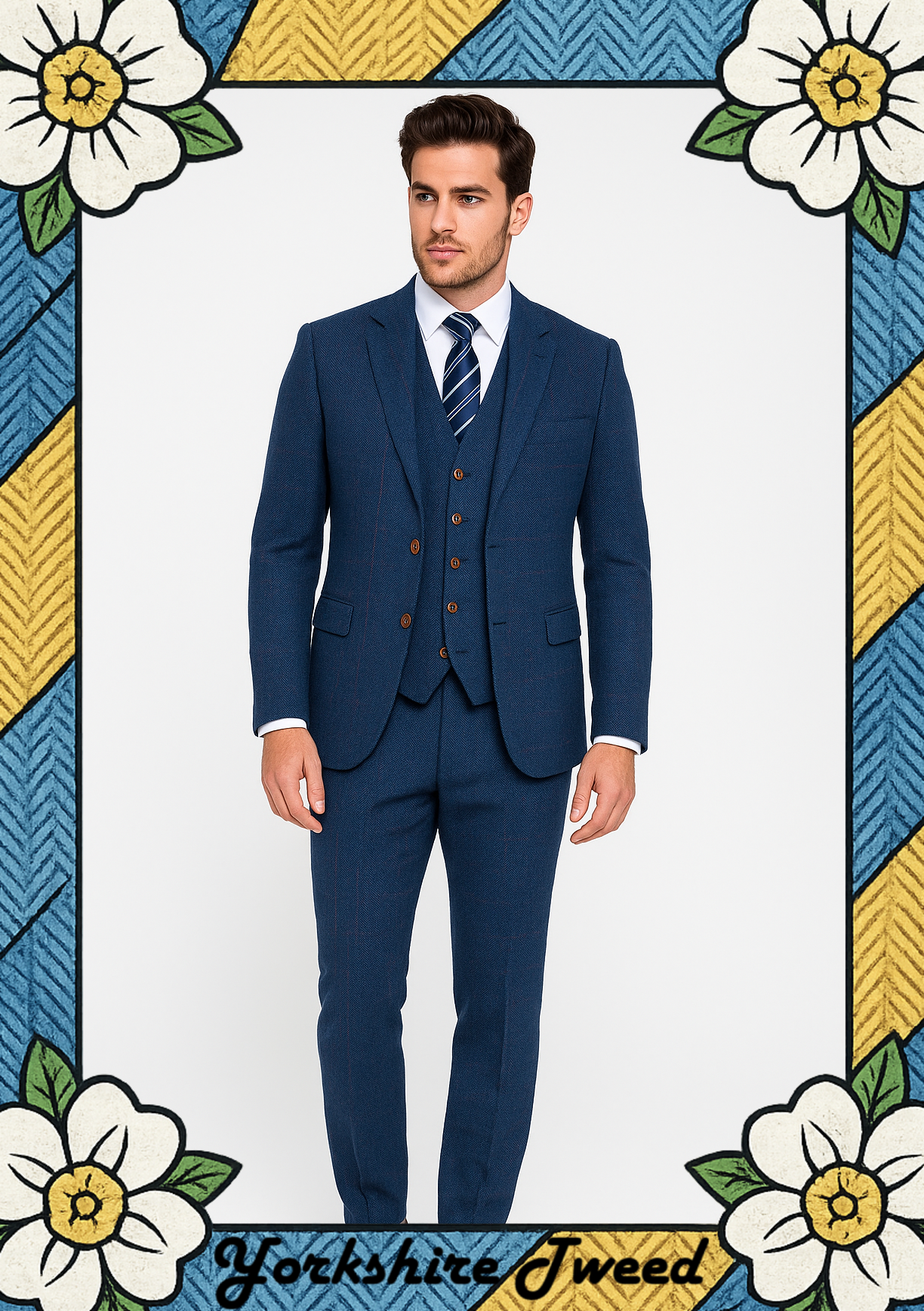 Men’s Blue Herringbone Tweed Three-Piece Suit – Made to Measure