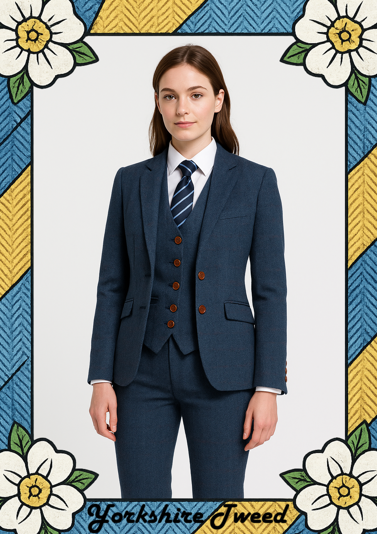 Women’s Blue Herringbone Tweed Three-Piece Suit – Made to Measure