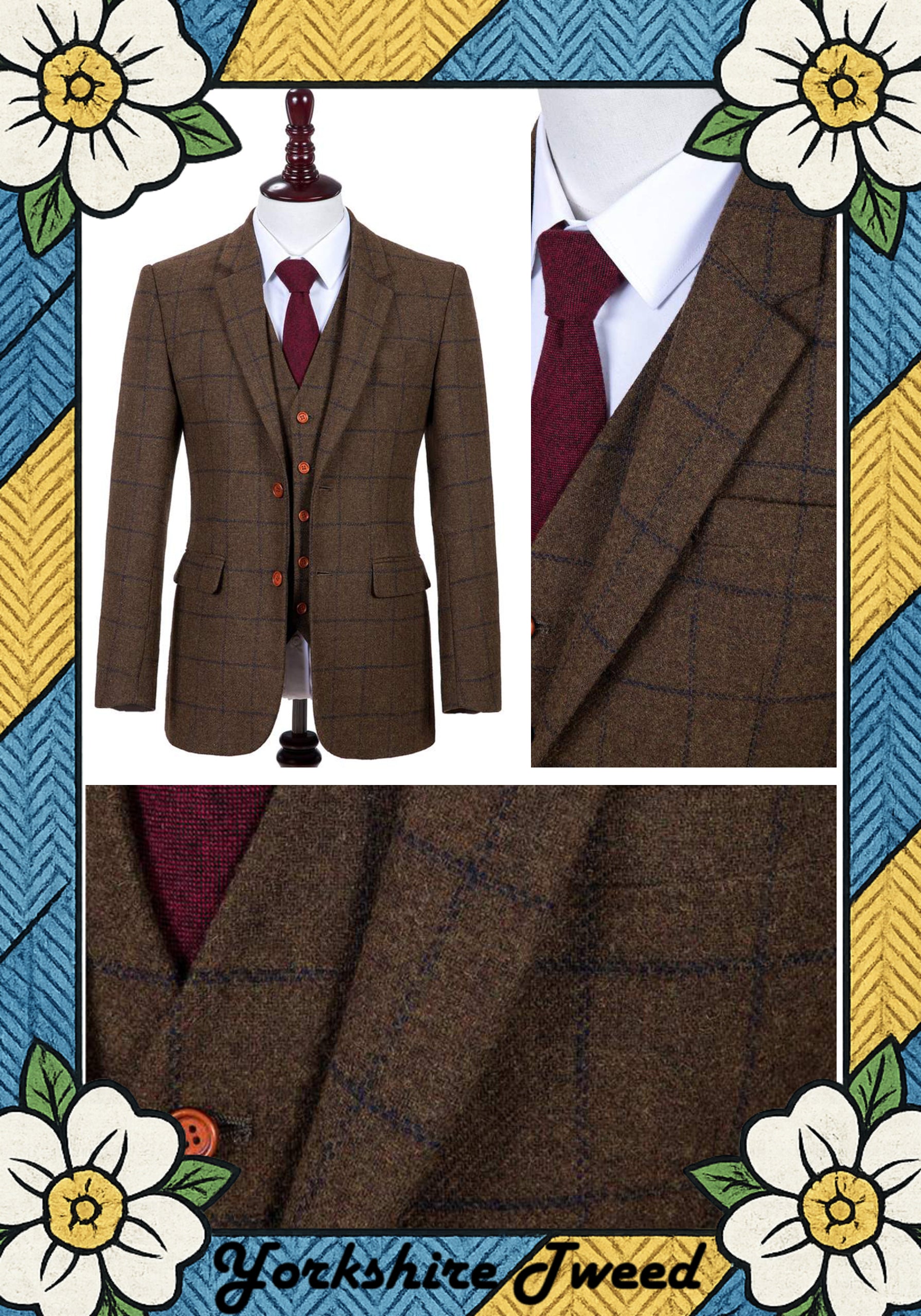 Women’s Brown Tweed Three-Piece Suit with Navy Overcheck – Made to Measure