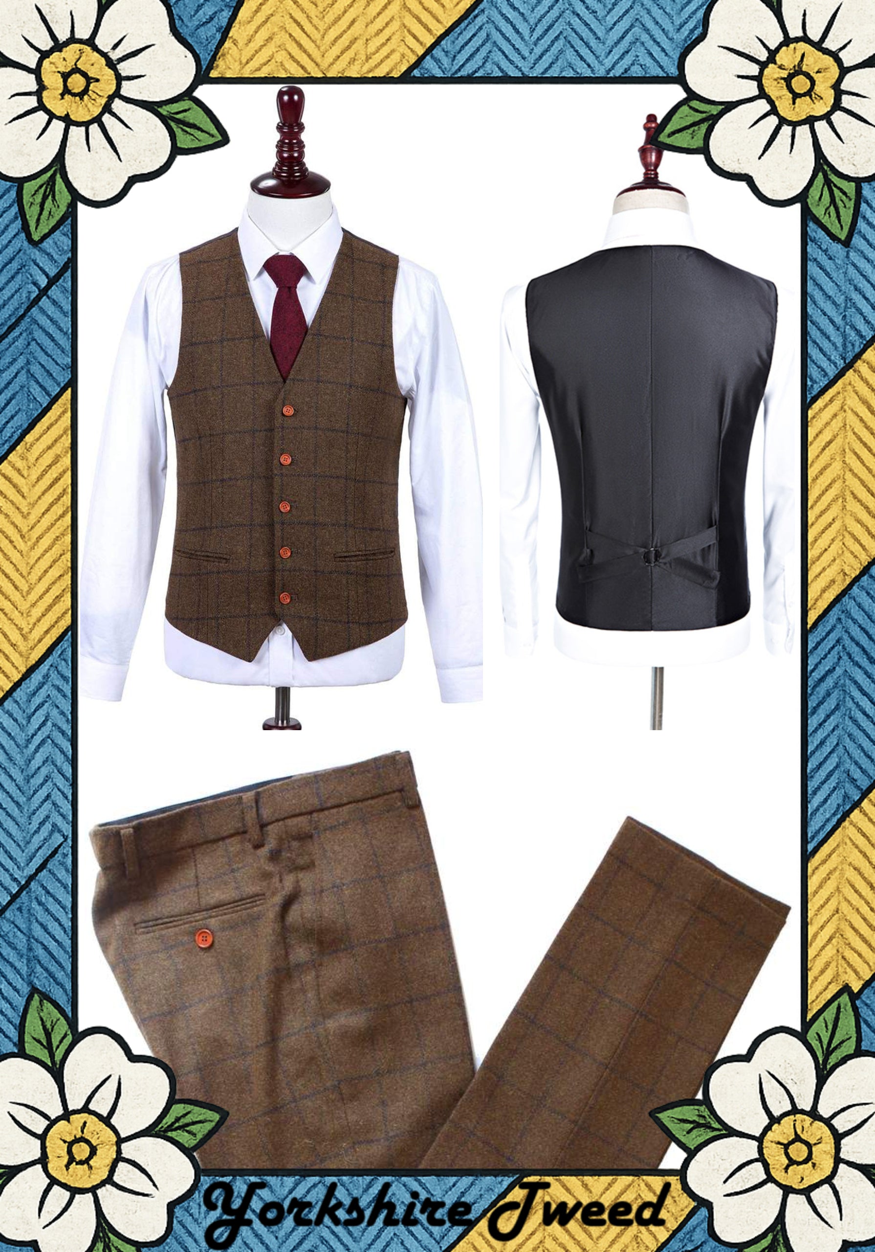 Women’s Brown Tweed Three-Piece Suit with Navy Overcheck – Made to Measure