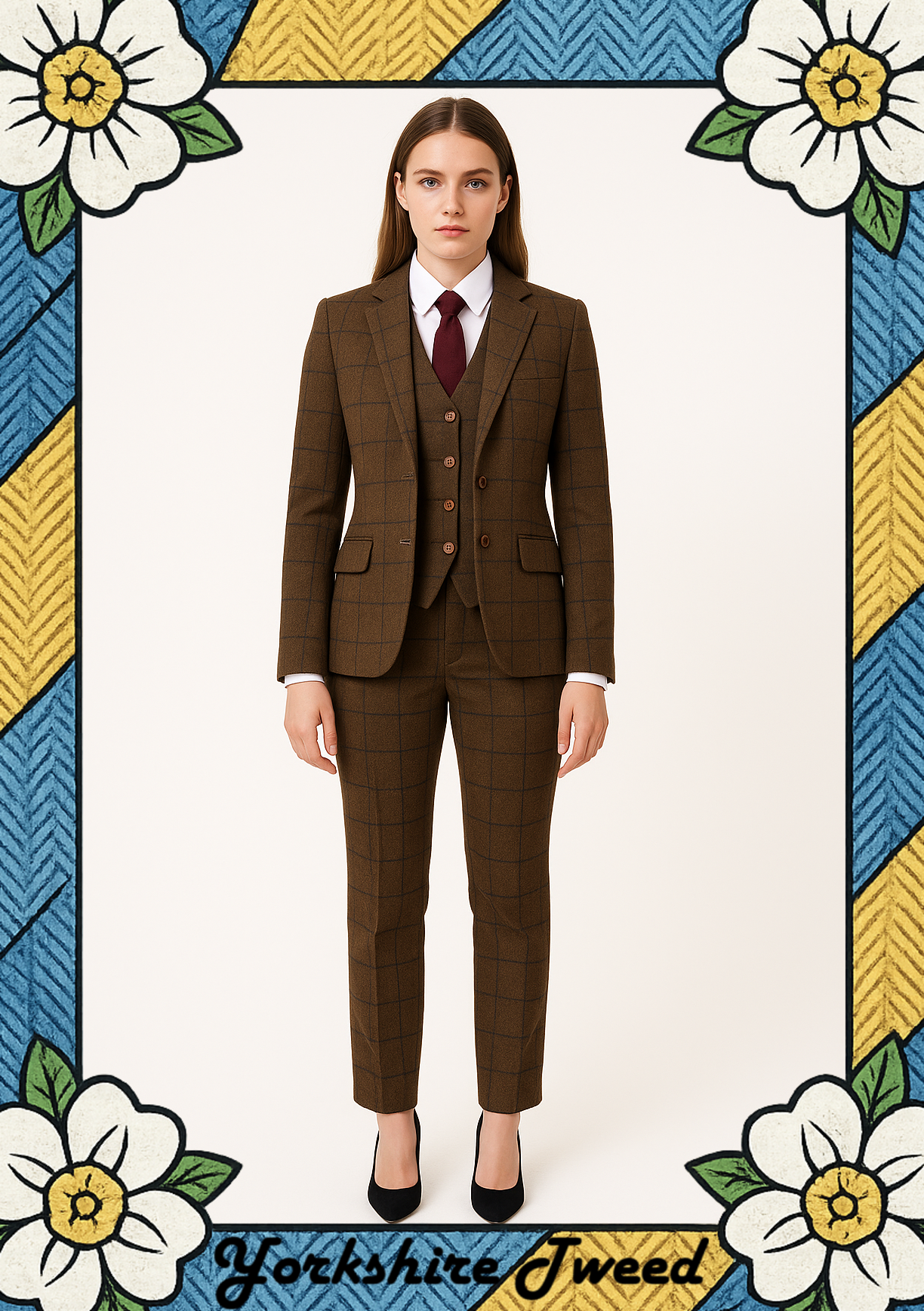 Women’s Brown Tweed Three-Piece Suit with Navy Overcheck – Made to Measure