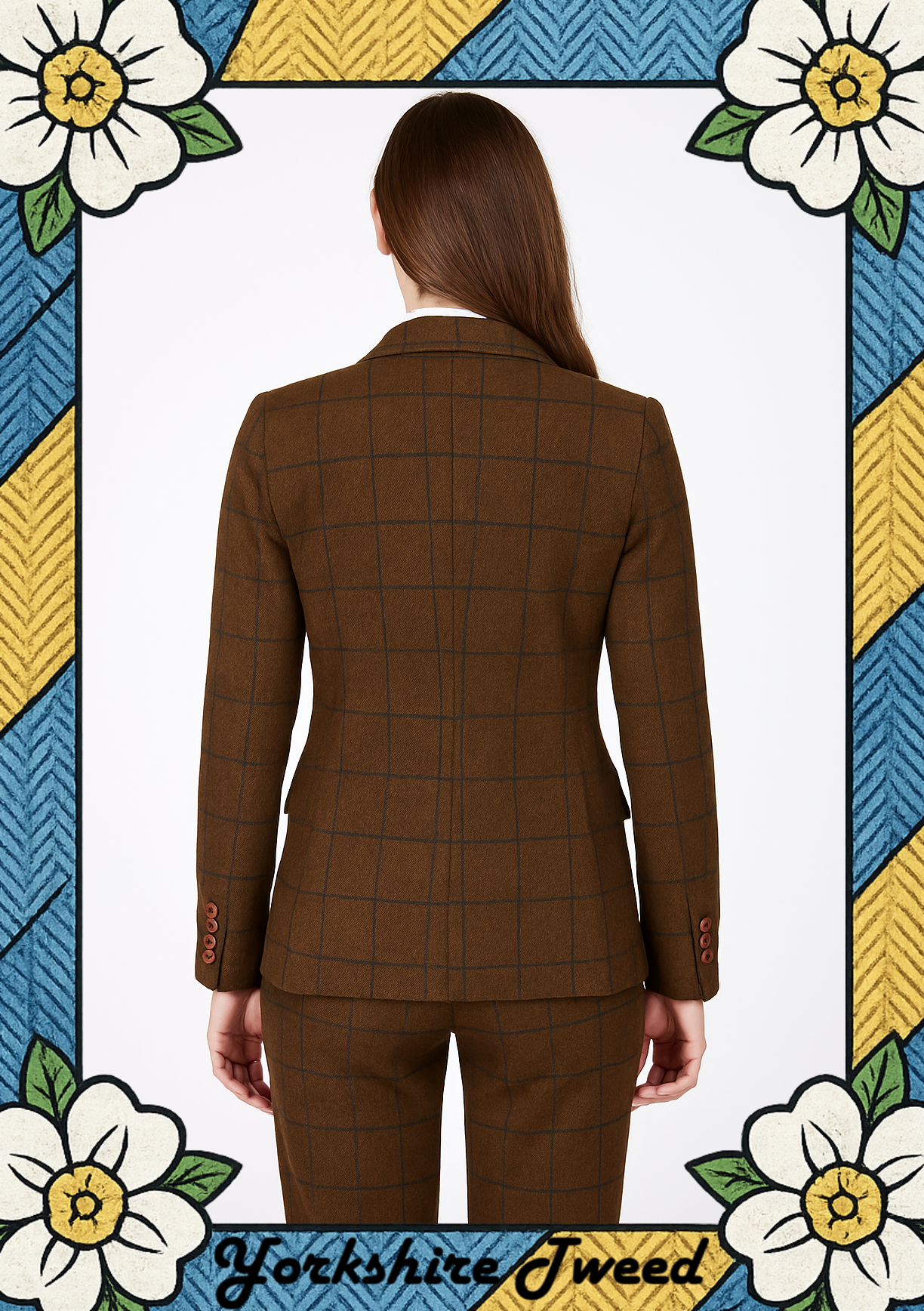 Women’s Brown Tweed Three-Piece Suit with Navy Overcheck – Made to Measure