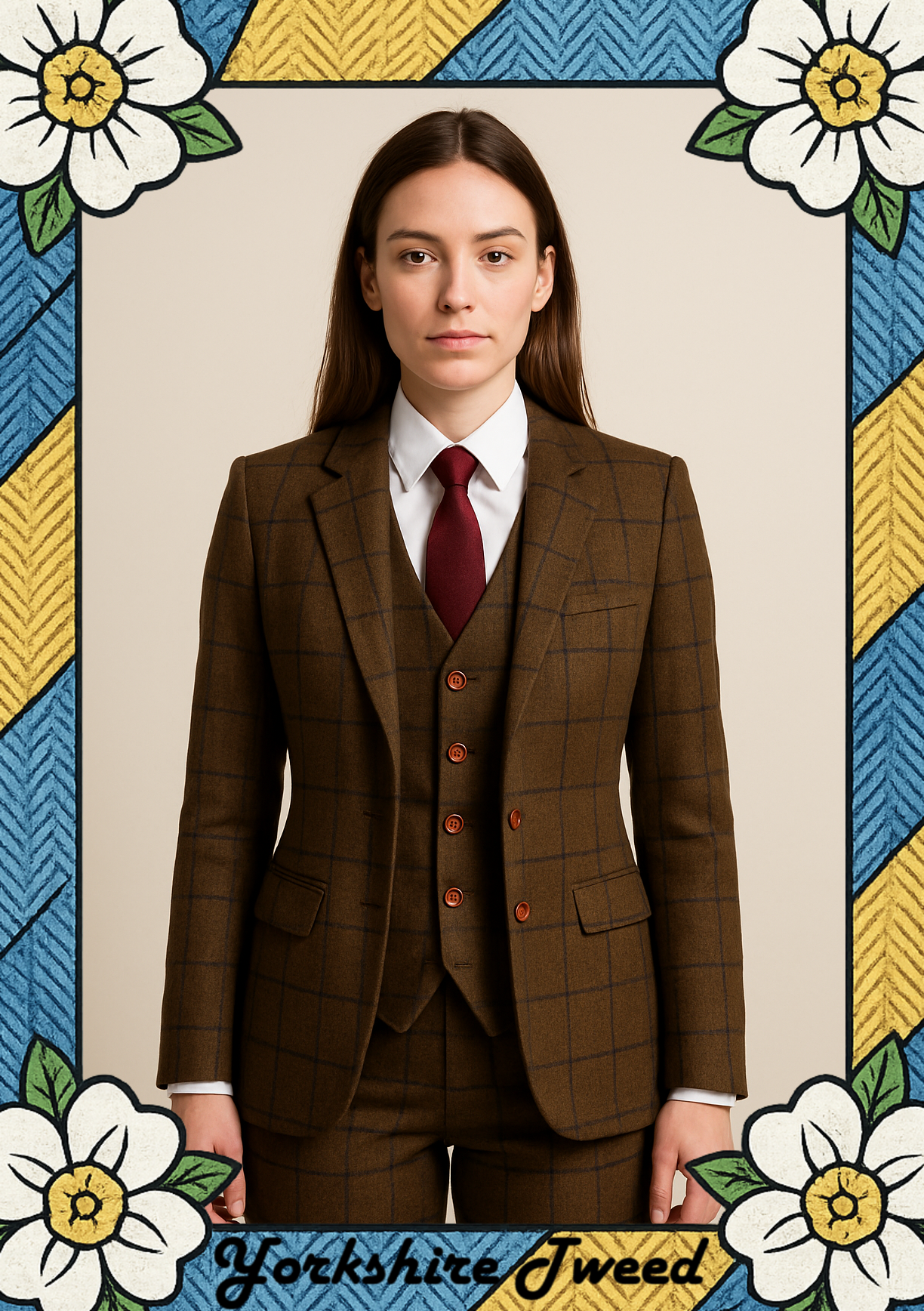 Women’s Brown Tweed Three-Piece Suit with Navy Overcheck – Made to Measure