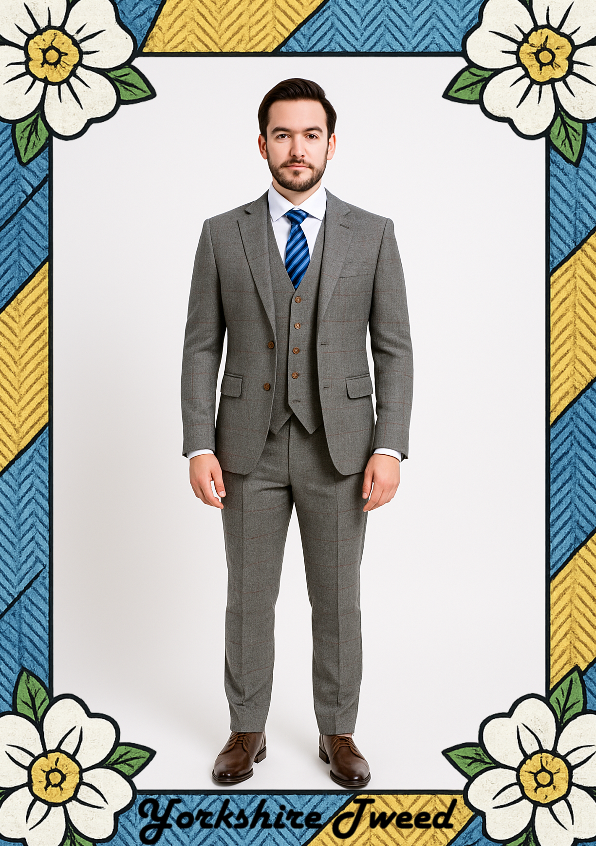 Men’s Grey Herringbone with Subtle Red Overcheck Tweed Three-Piece Suit – Made to Measure