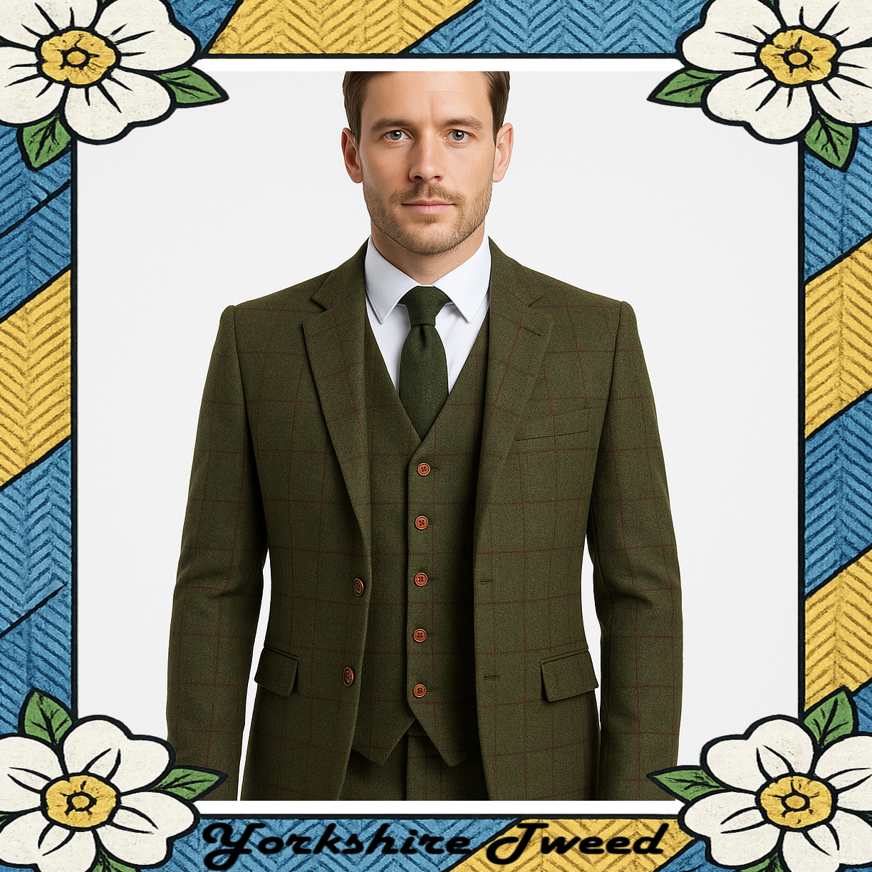 Men’s Olive Green with Red Overcheck Tweed Three-Piece Suit – Made to Measure