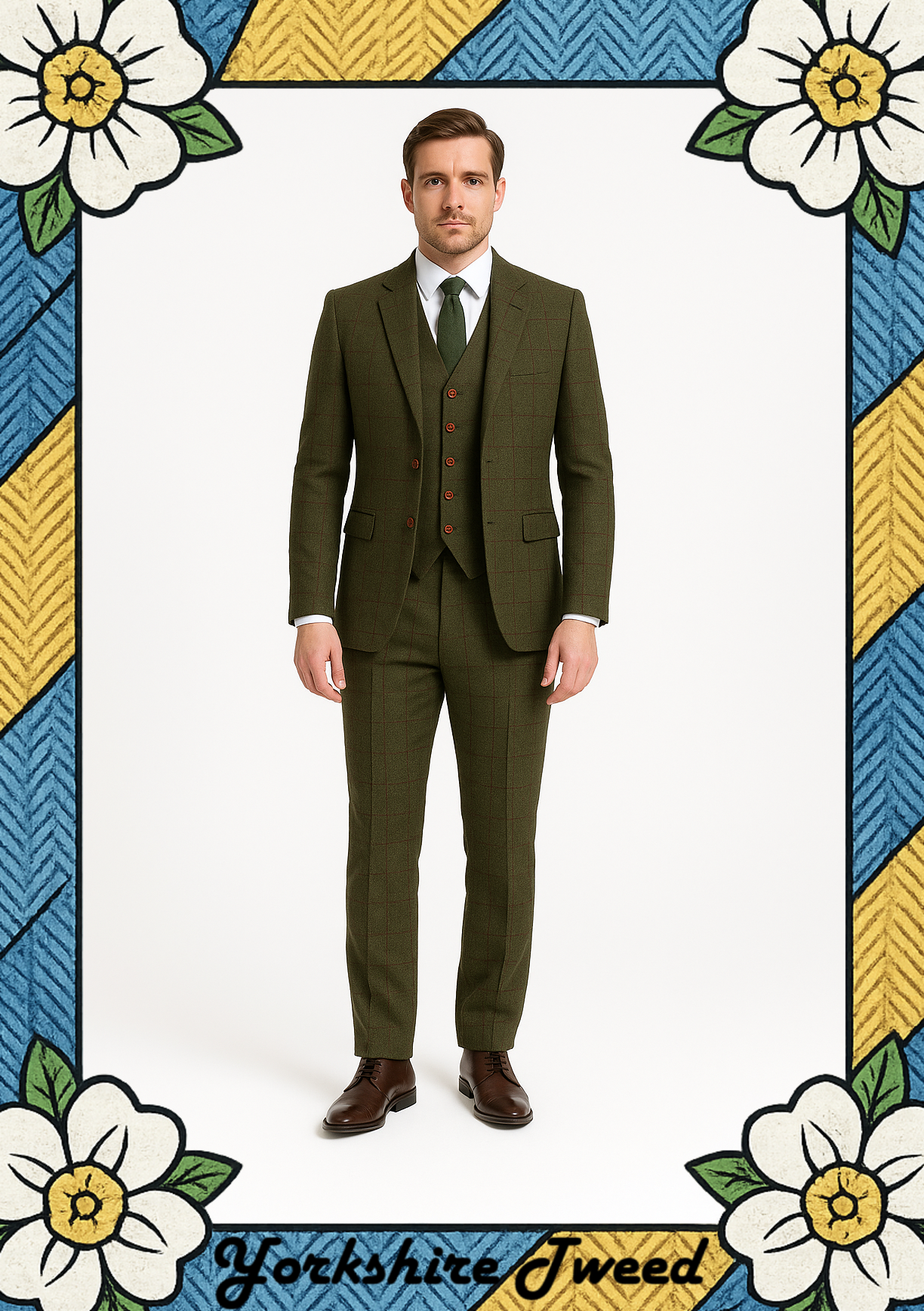 Men’s Olive Green with Red Overcheck Tweed Three-Piece Suit – Made to Measure