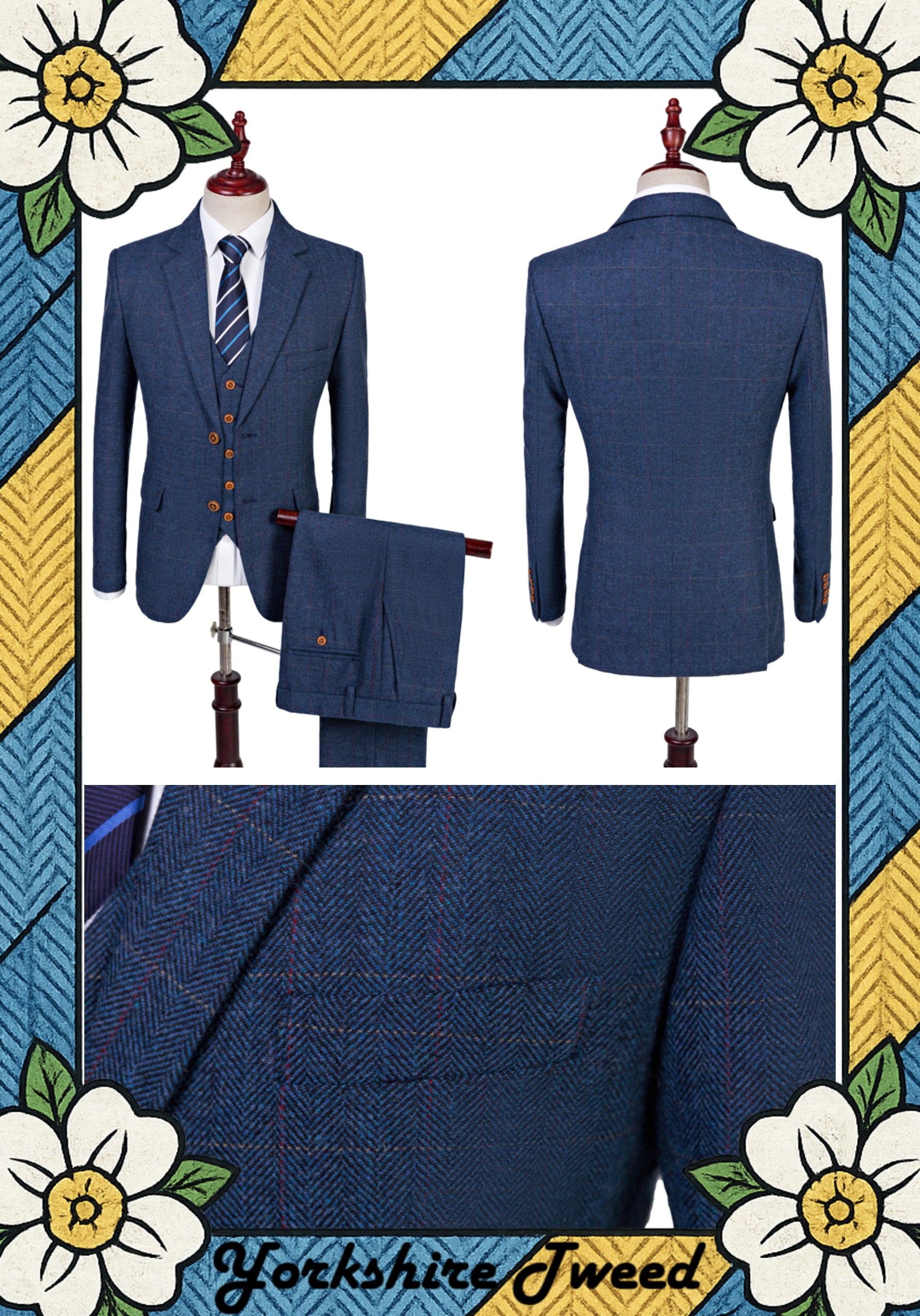 Women’s Blue Herringbone Tweed Three-Piece Suit – Made to Measure
